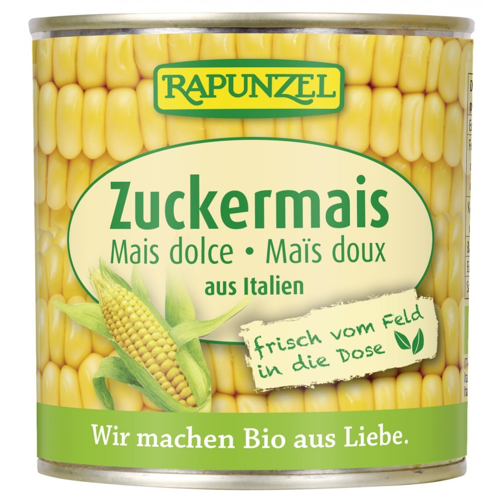Conservă porumb bio dulce Rapunzel 160g, etichetă verde, textură crocantă.
