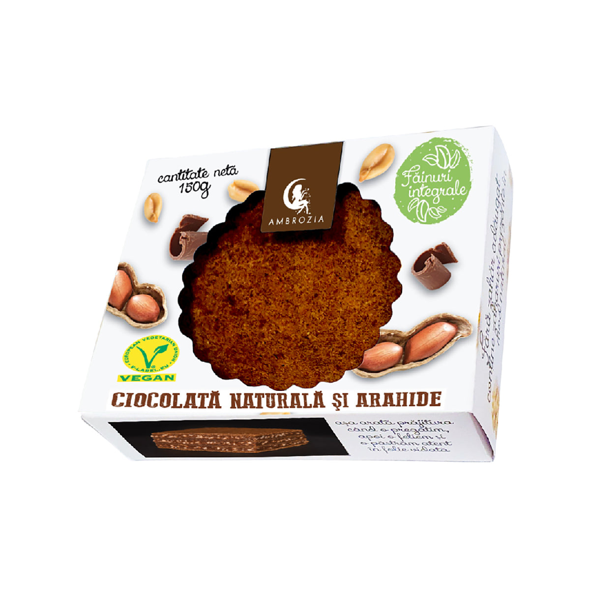 Prăjitură cu ciocolată și arahide, fără zahăr, 150g, Ambrozia, ambalaj carton.