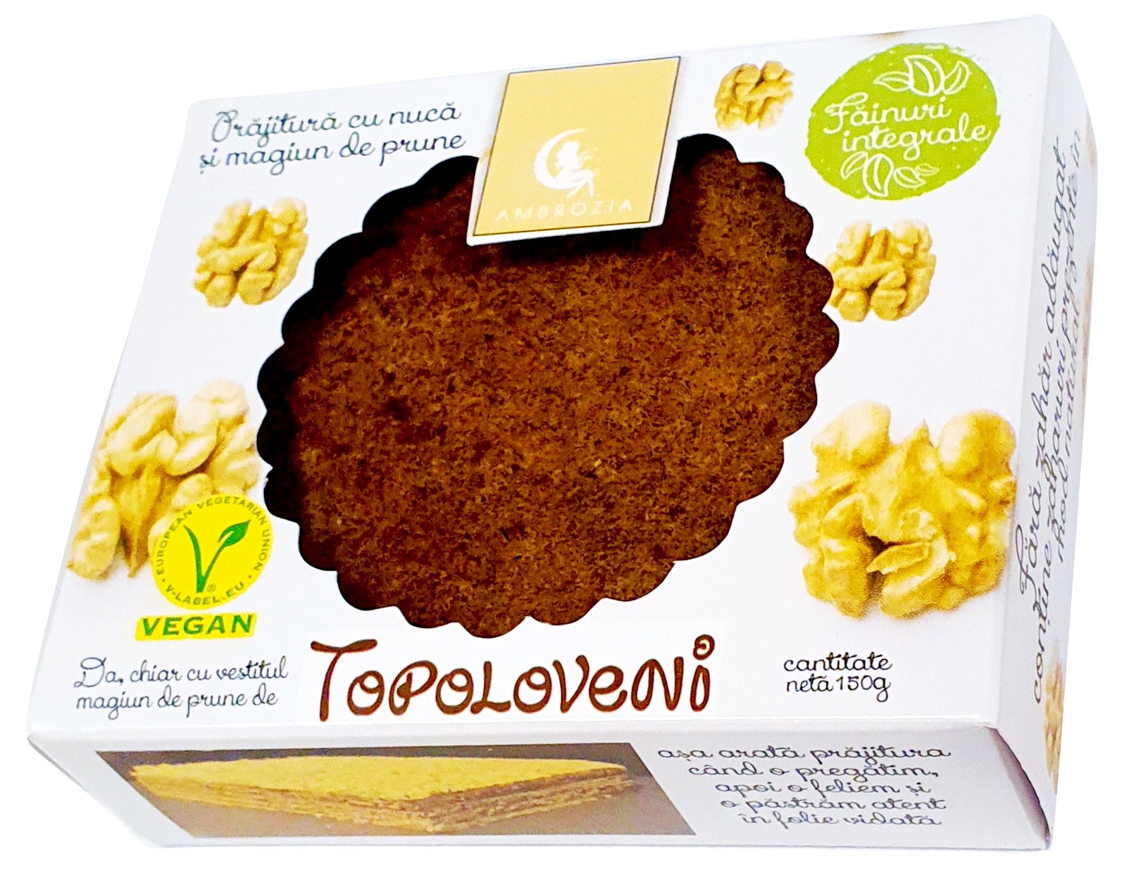 Prăjitură cu nucă și magiun de prune Topoloveni, ambalaj 150g, fără zahăr, vegan.