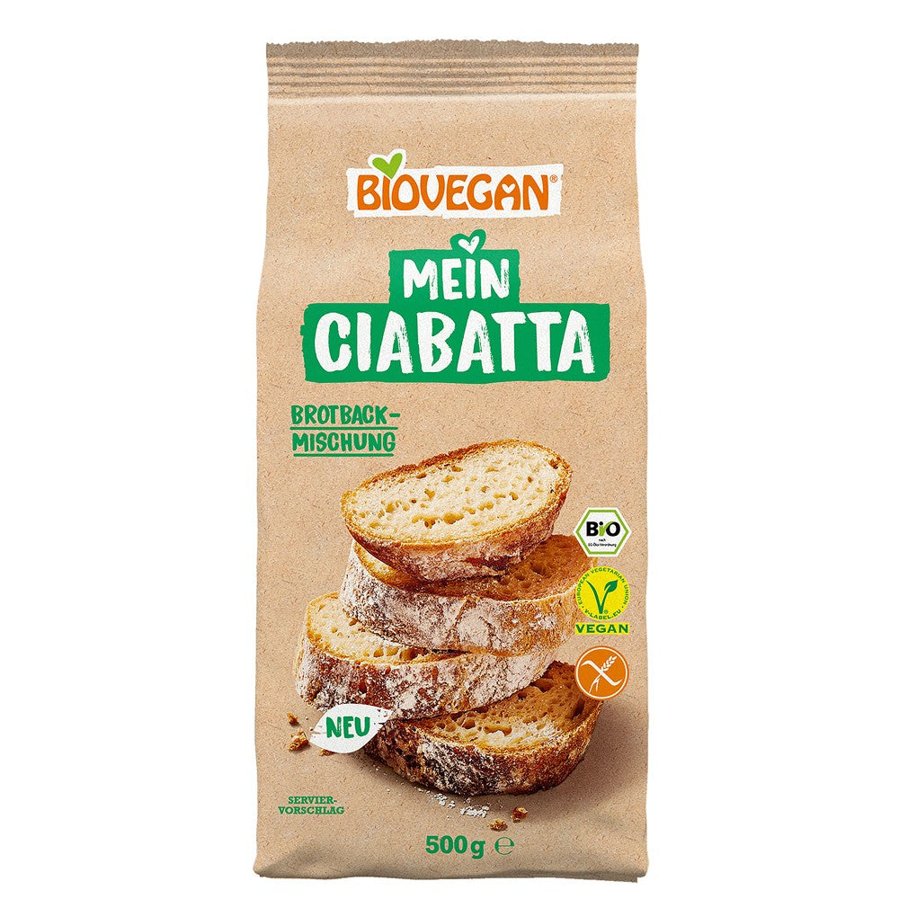 Premix bio ciabatta Biovegan, fără gluten, pachet 500 g, imagine pâine artizanală.