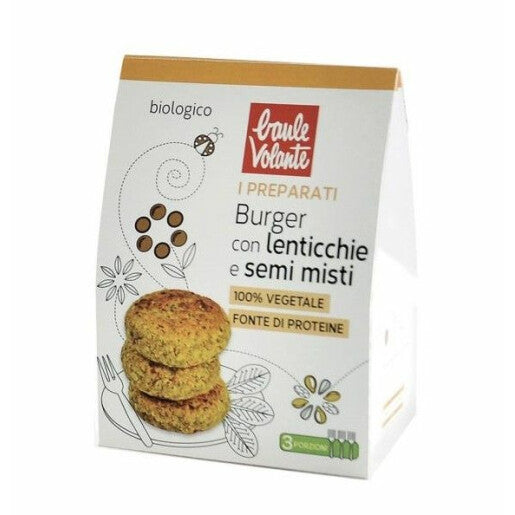 Preparat burger bio linte și semințe, Baule Volante, 180g, vegetal, ambalaj alb, auriu și maro.