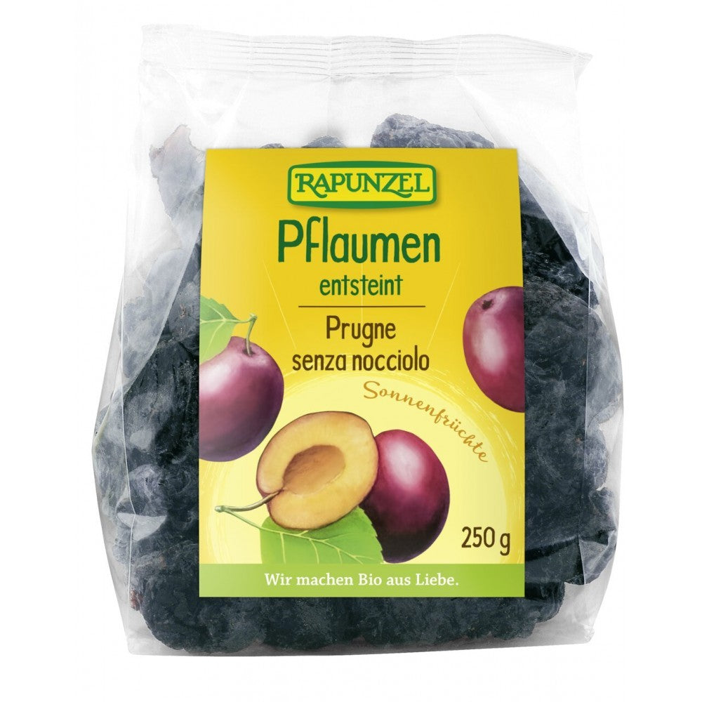 Prune bio fără sâmburi Rapunzel 250g, ambalaj transparent, prune uscate vizibile.