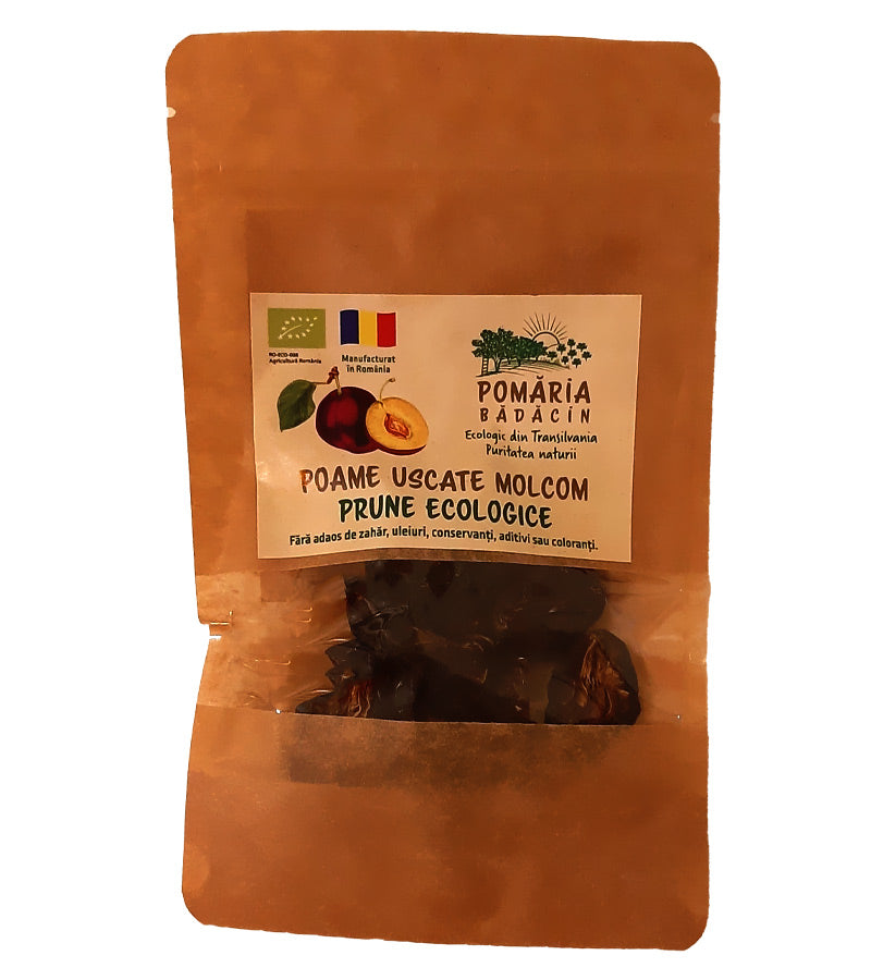 Prune uscate bio, ambalaj eco, 50g, Pomaria Bădăcin, fără adaosuri.