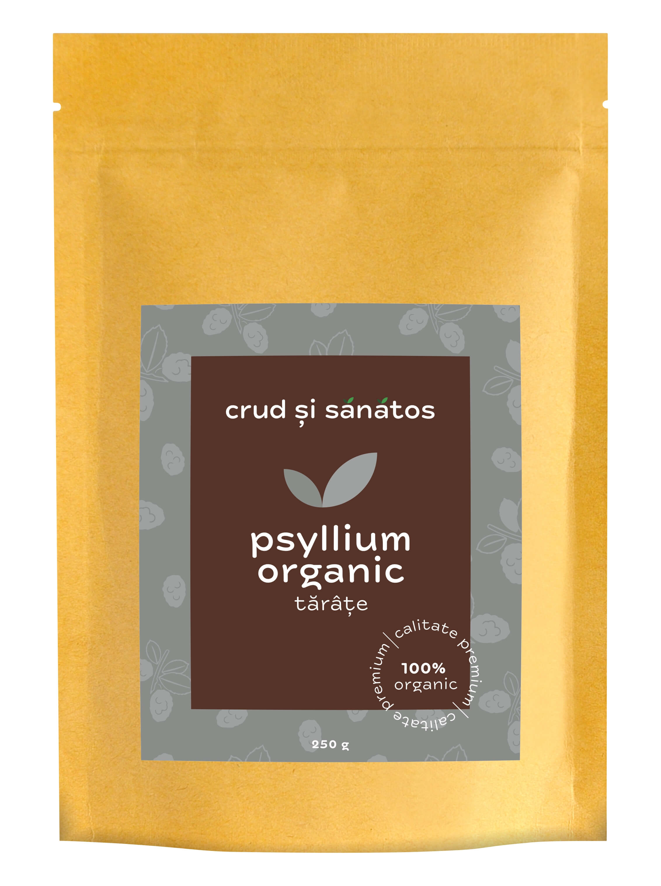 Psyllium tărâțe bio, pachet auriu de 250g, etichetă maro cu detalii verzi.