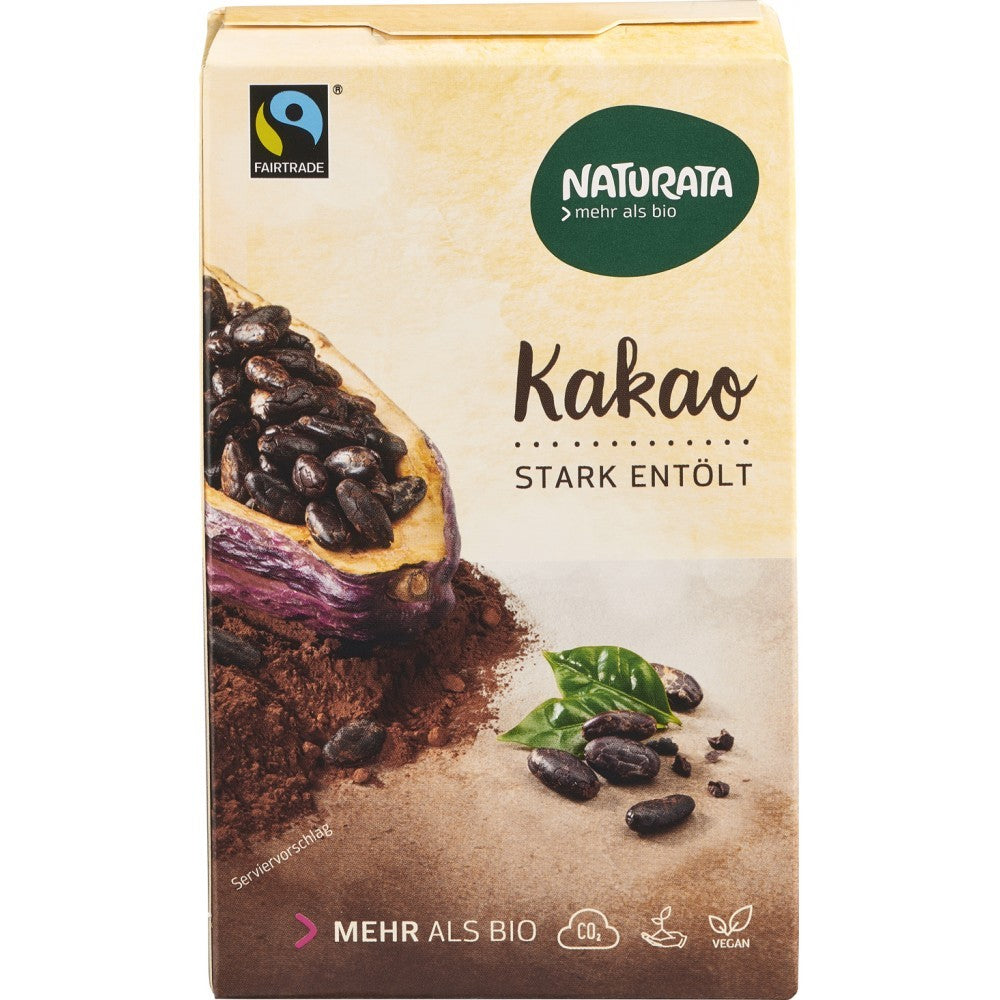 Pudra de cacao bio degresată Naturata 125g, ambalaj carton bej cu sigiliu Fairtrade.