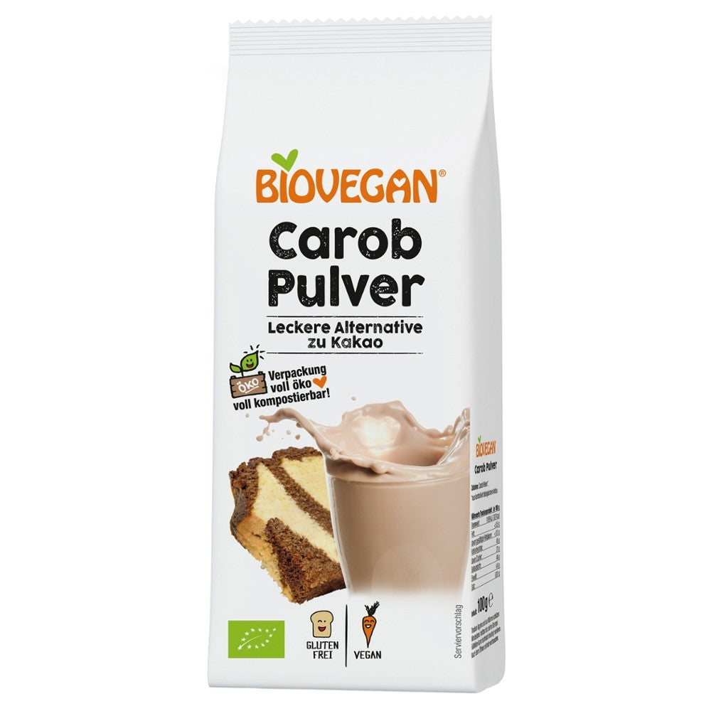 Pudra carob ecologică Biovegan, 100g, ambalaj compostabil, alternative de cacao, fără gluten, vegană.