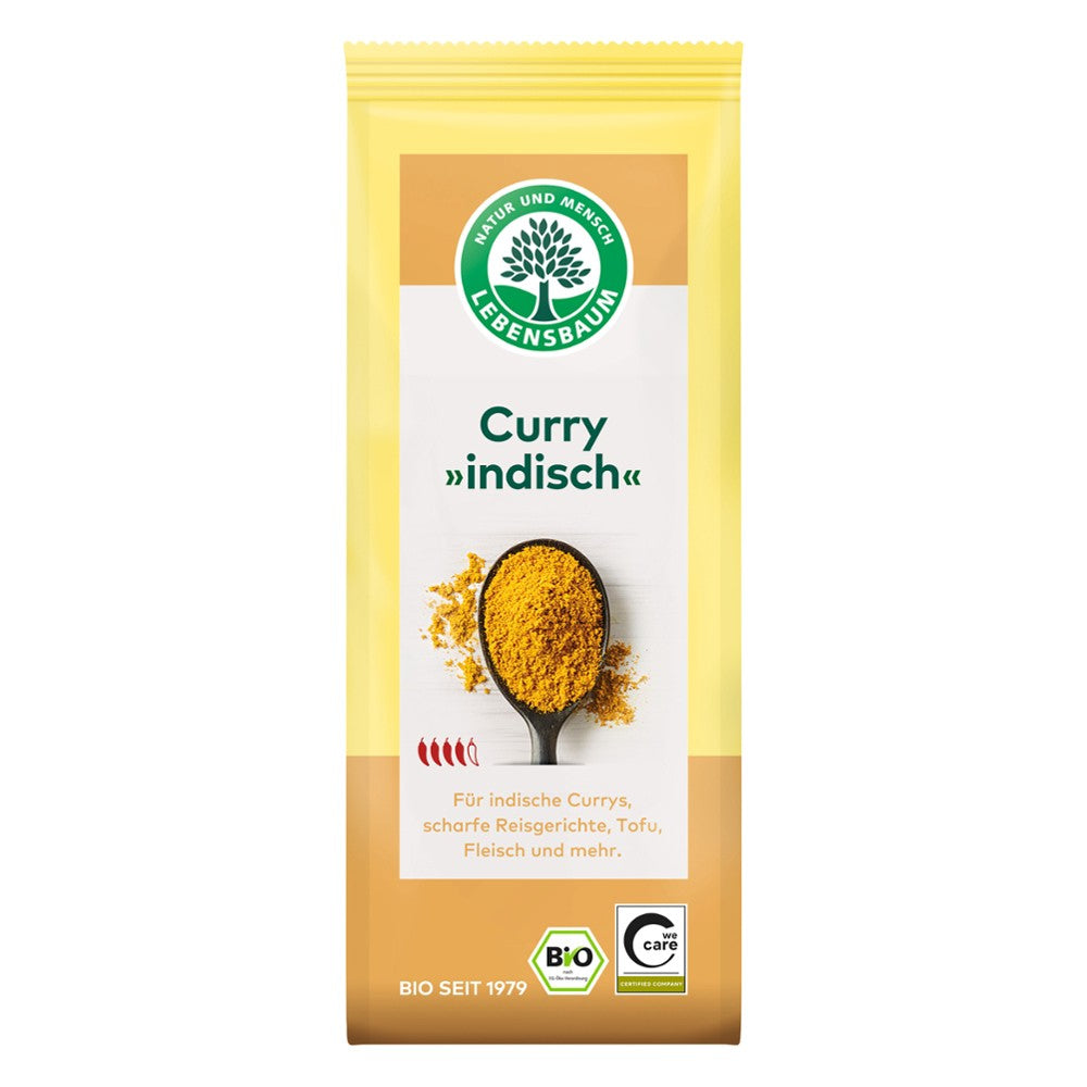 Pudră de curry indian 50g Lebensbaum, ambalaj galben, condimente ecologice.