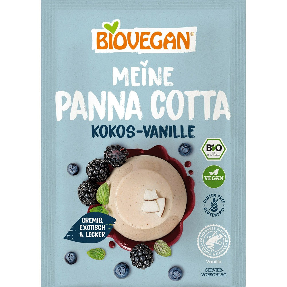 Pudra panna cotta Biovegan fără gluten, cocos și vanilie, 46g, ambalaj albastru.