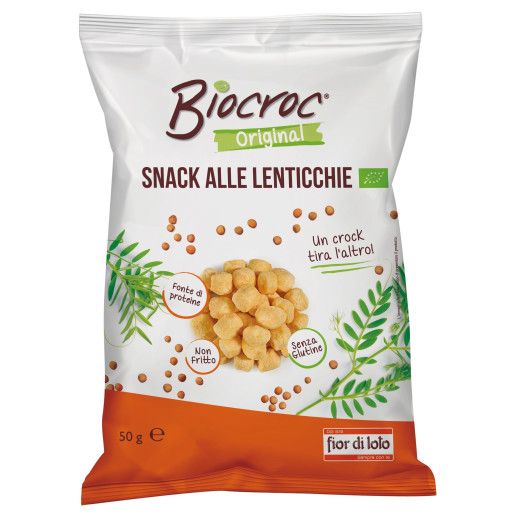 Pufuleti bio cu linte, fără gluten, ambalaj alb-portocaliu 50g, Fior di Loto.