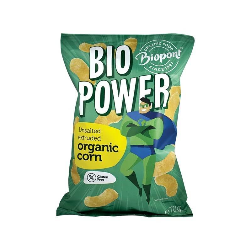 Pufuleți fără sare Bio Power Biopont, ambalaj verde, 70g, din griș de porumb ecologic.