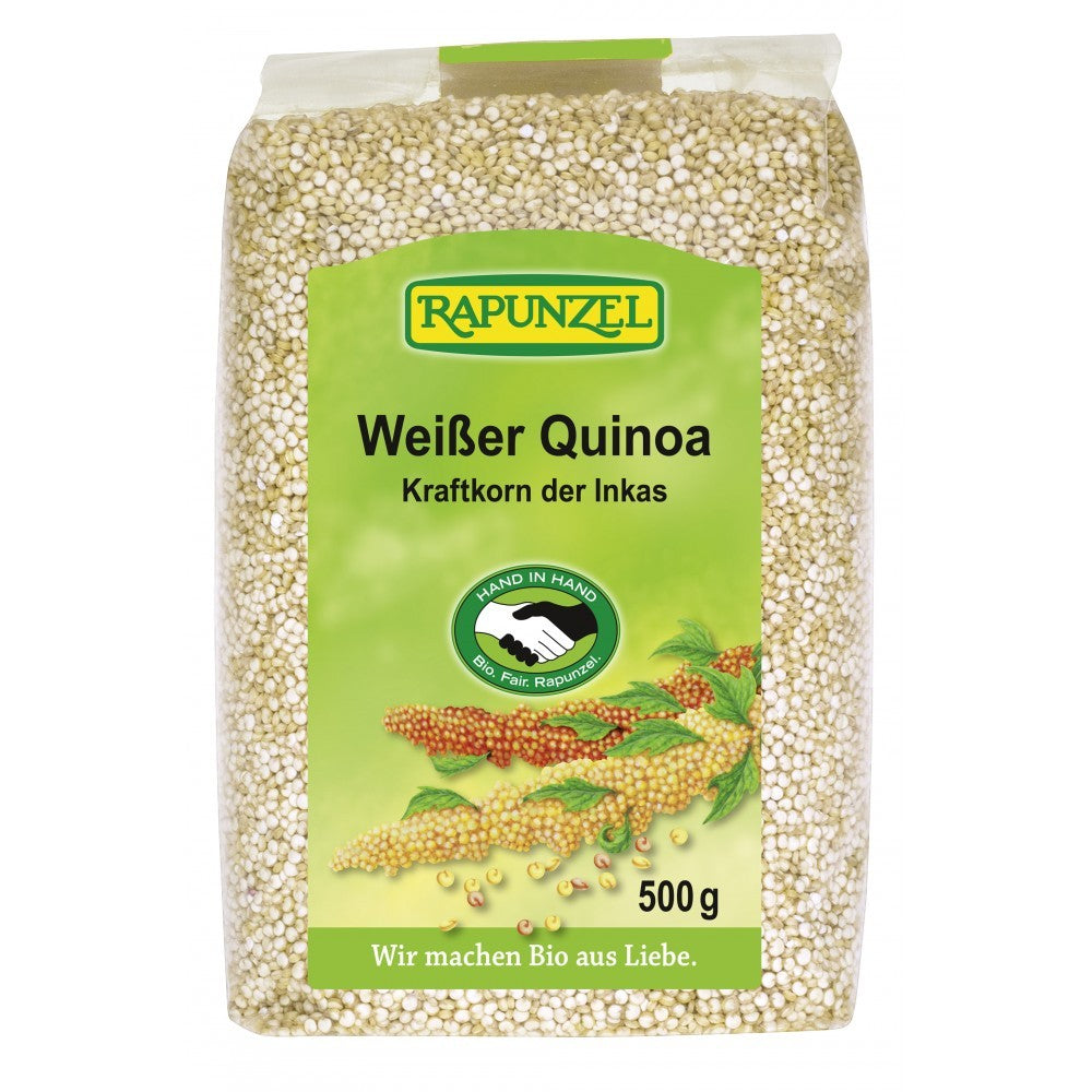 Pachet 500g quinoa organică Rapunzel, albă, în ambalaj verde, sigla Hand in Hand.