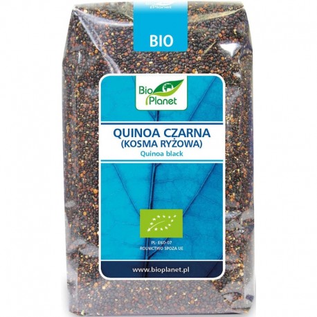 Quinoa Neagra Bio 500g Bio Planet, ambalaj transparent, etichetă albastră și verde.