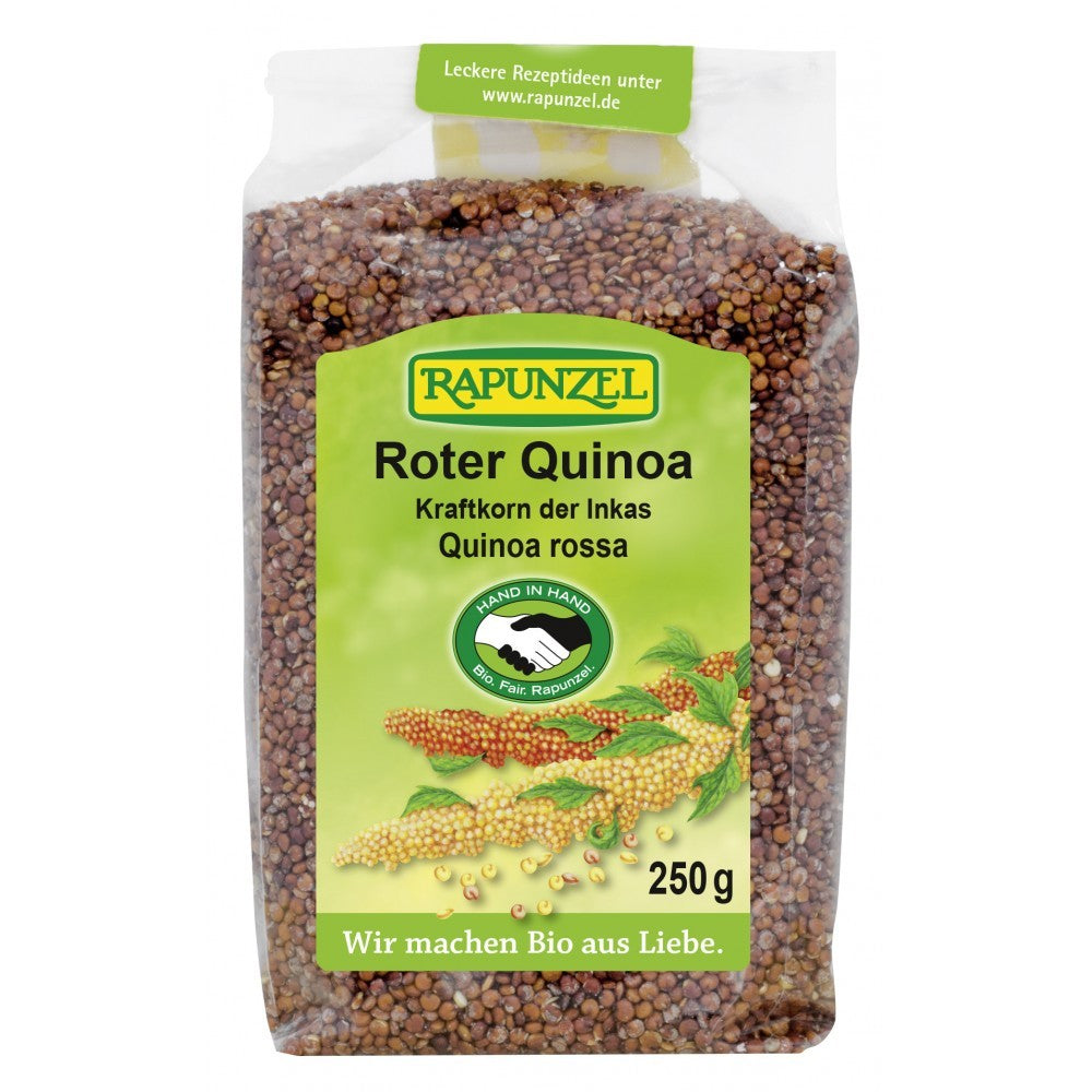 Quinoa roșie organică Rapunzel 250g ambalată în pachet transparent cu etichetă verde.