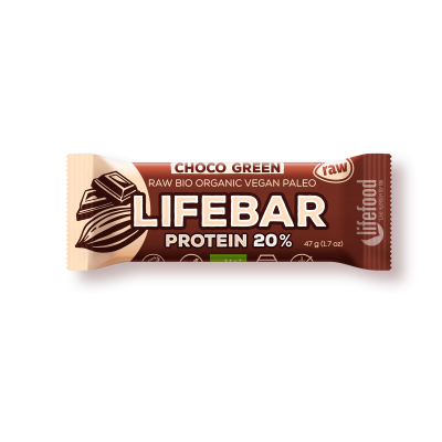 Plus baton cu ciocolata si proteine raw, eco, 47g, Lifebar 1