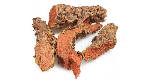 Rădăcină Rhodiola rosea bio, crudă, uscată, cu suprafață texturată, culori maro și roșu.