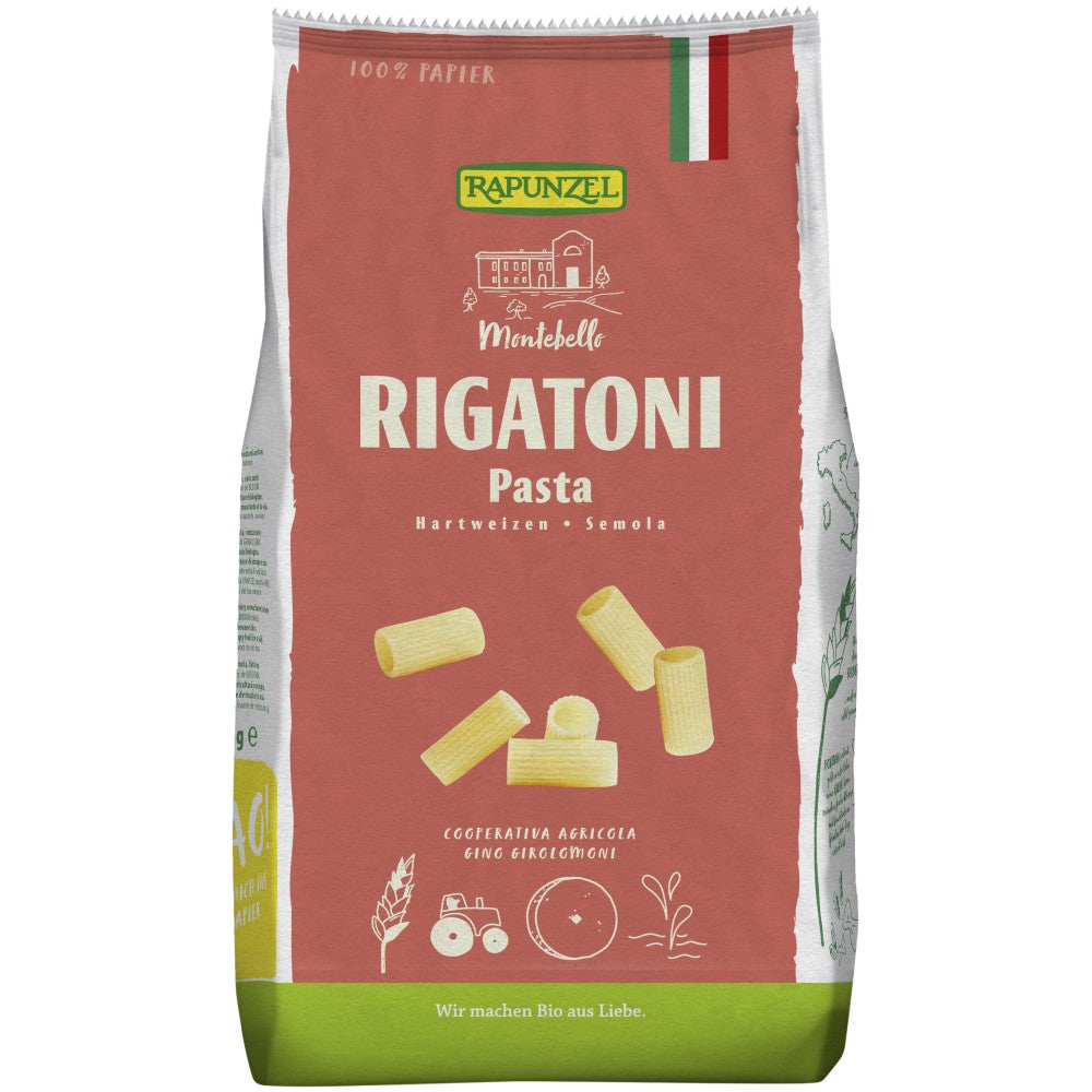 Pachet rigatoni semola bio 500g Rapunzel, ambalaj carton maro cu detalii albe și verzi.
