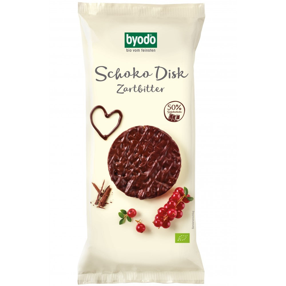 Rondele orez integral Byodo cu ciocolată amăruie și fructe, ambalaj 65g, ecologic.