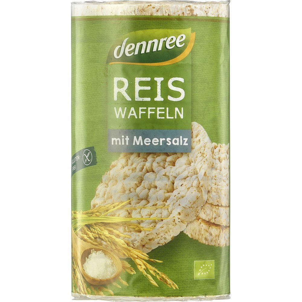 Rondele ecologice din orez Dennree, ambalaj verde, 100g, fără gluten, cu sare de mare, imagine pachet frontal.