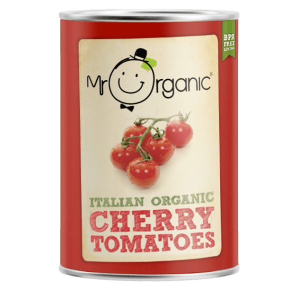 Roșii italiene bio cherry 400g, conservă roșie, etichetă cu roșii coapte, Mr Organic.