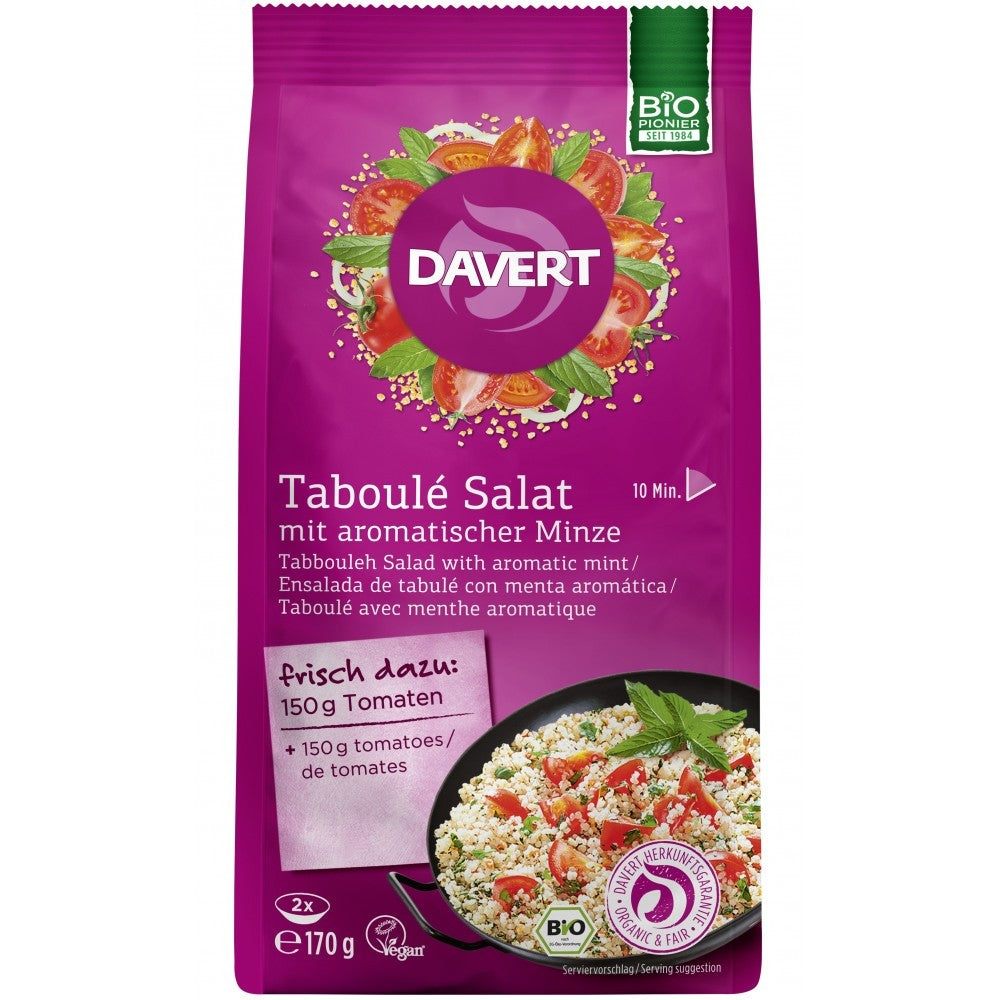 Salata taboule cu mentă Davert 170g, bulgur fin și mentă ecologică, ambalaj violet, logo Davert și siglă bio.