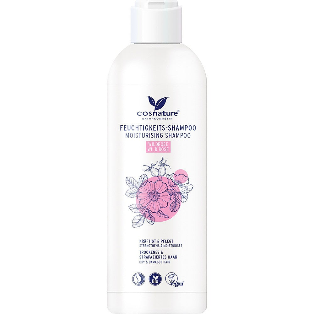 Șampon hidratant Cosnature trandafir sălbatic bio 250ml flacon alb, desen trandafir roz.