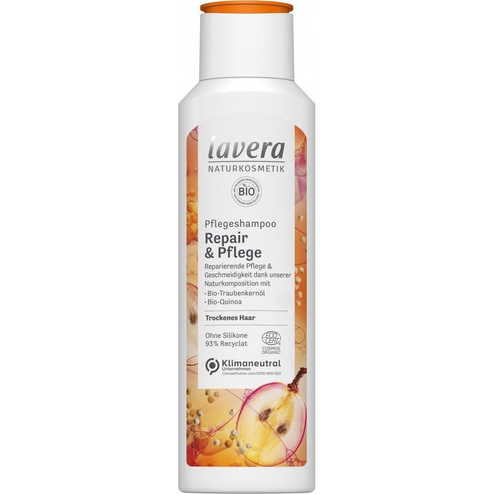 Șampon Lavera pentru păr uscat, 250ml, cu ulei de semințe de struguri și quinoa organică.