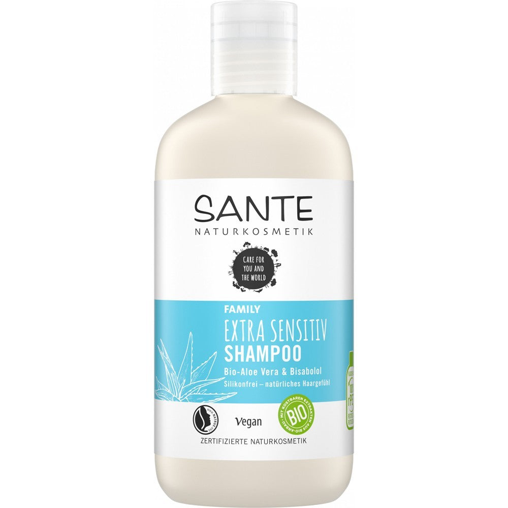 Șampon păr sensibil Sante, aloe vera bio, etichetă albastră, 250ml, vegan, fără silicon.