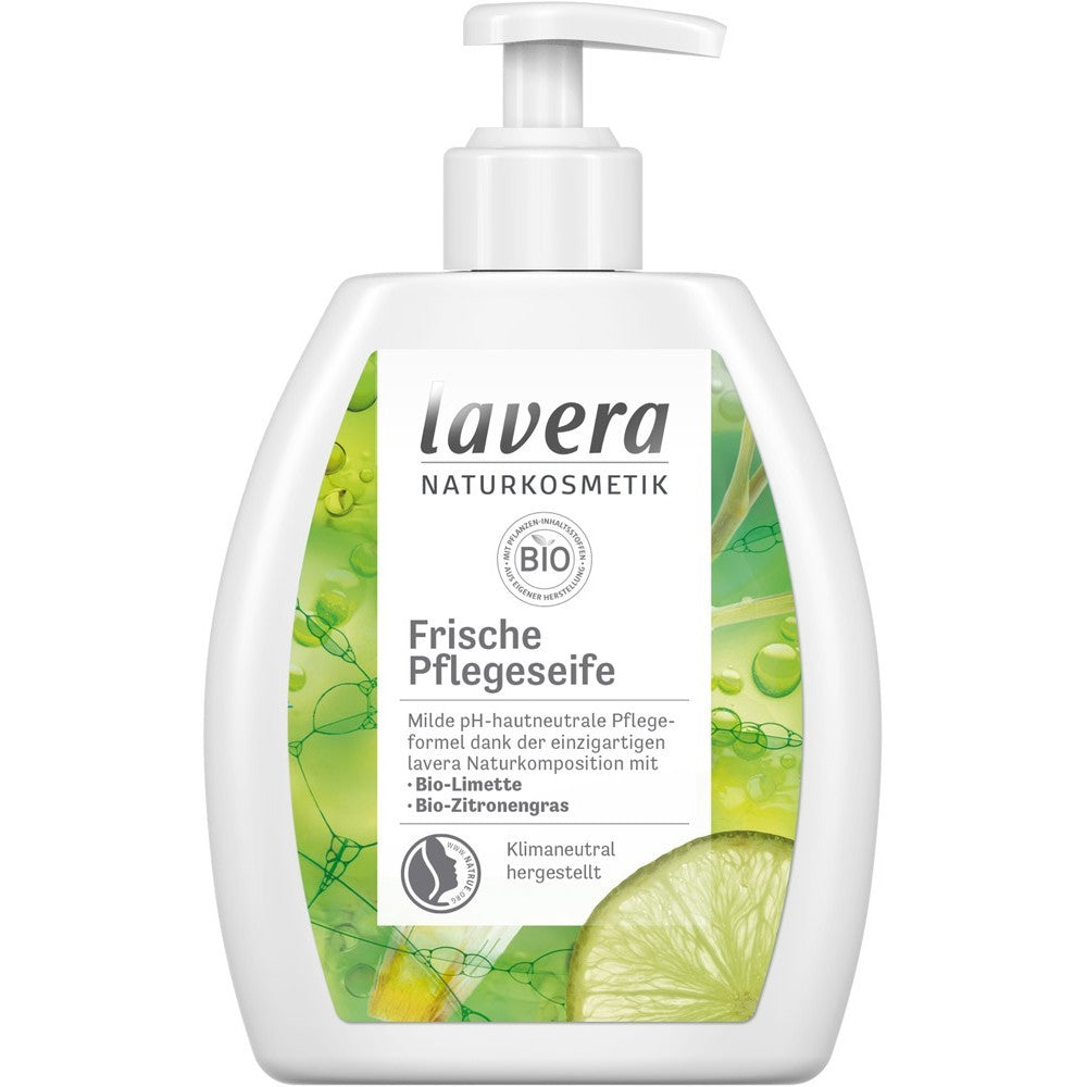 Săpun lichid Lavera 250ml, var organic, lămâie, pH neutru, sticlă albă cu pompiță.