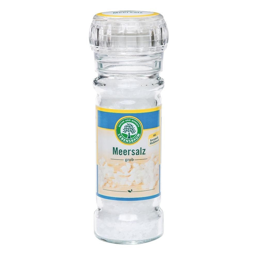 Sare de mare în râșniță de sticlă Lebensbaum, capac transparent.