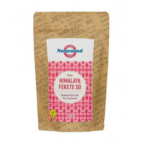 Sare Neagra De Himalaya Fina 250g Naturmind ambalaj maro cu etichetă roz și albă.