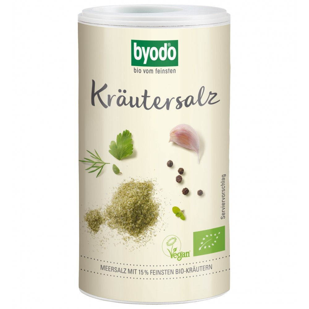 Sare neiodată Byodo cu plante bio, cutie 125g, rozmarin, cimbru, oregano, ambalaj crem.