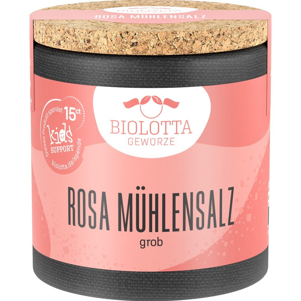 Sare roz mare pentru râșniță BioLotta, ambalaj roz cu capac din plută, design modern.