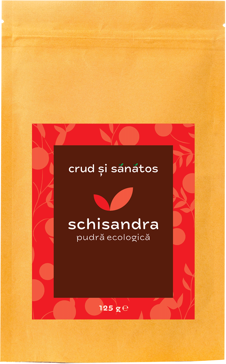 Schisandra pudră bio, pachet maro, etichetă roșie cu text alb, 125g.