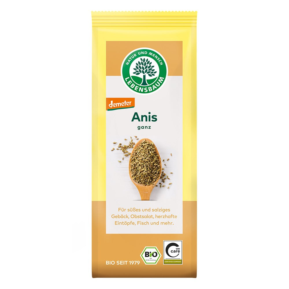 Seminte de anason bio Lebensbaum 50g, ambalaj galben, siglă și certificat organic.