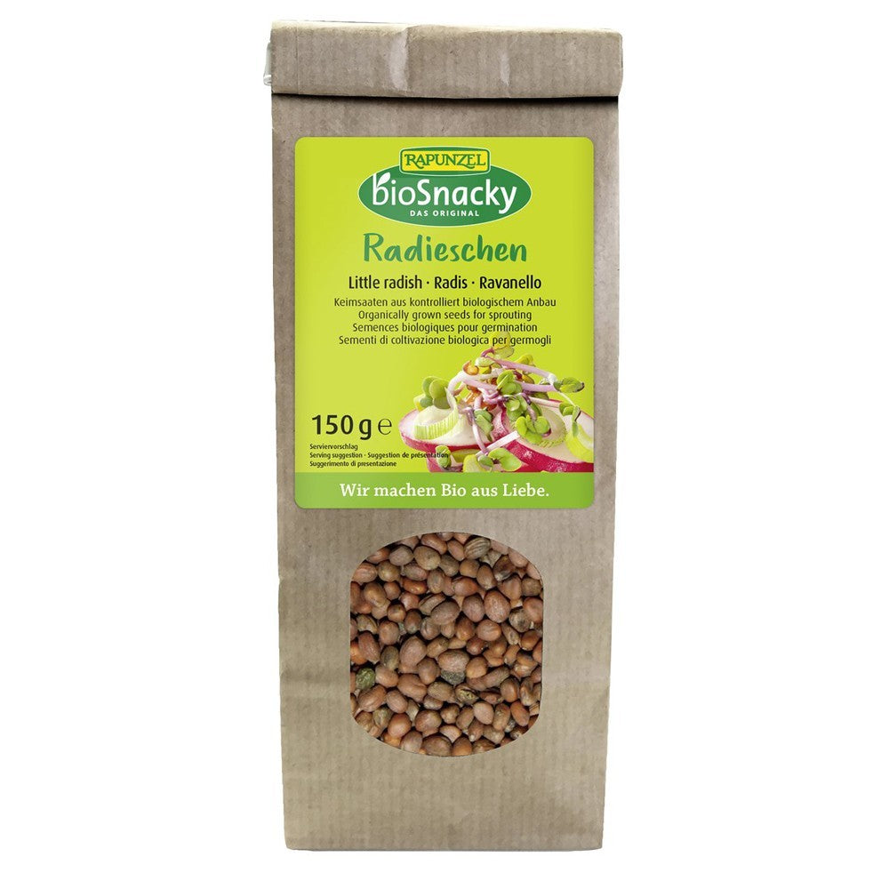 Seminte ecologice de ridiche BioSnacky Rapunzel 150g, pachet carton maro.