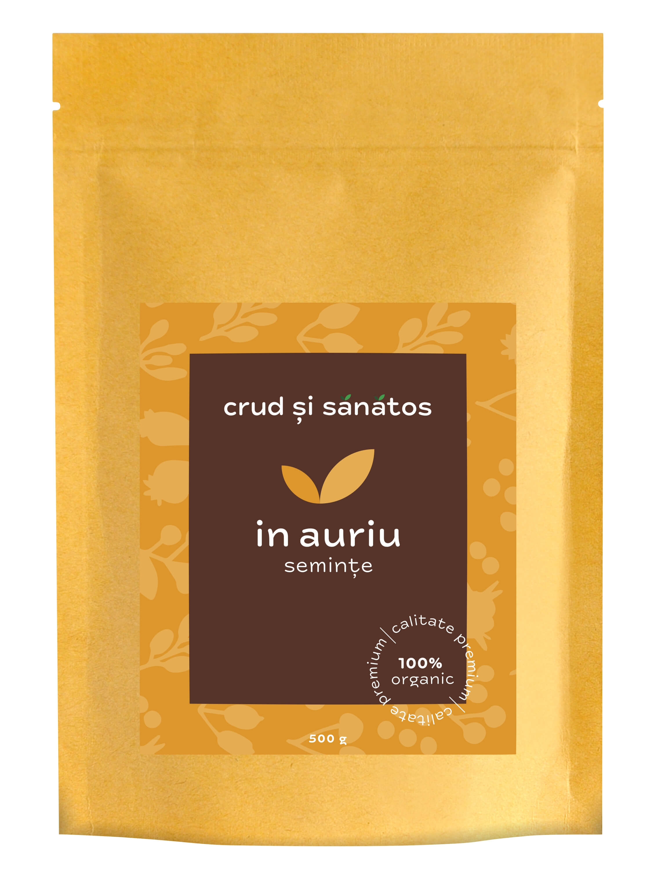 Pachet semințe de in auriu bio, 500g, ambalaj auriu cu detalii maro și text crud și sănătos.