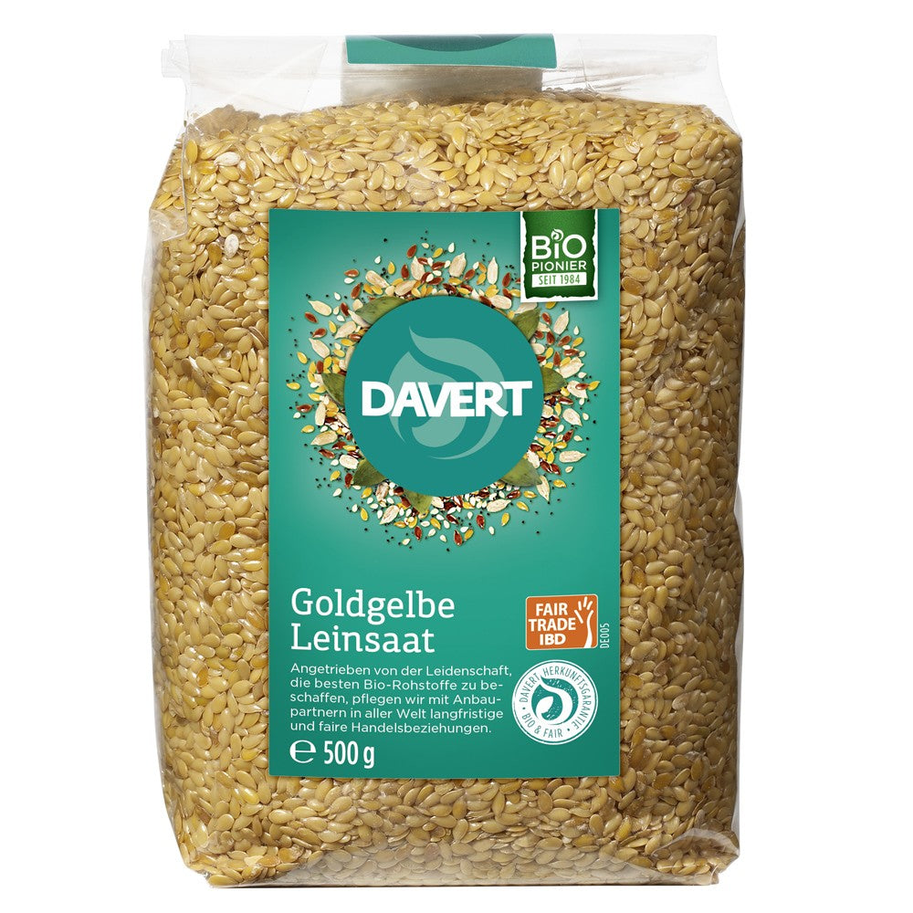 Semințe de in auriu bio Davert, ambalate, 500g, galben-auriu, etichetă verde, certificare Fair Trade.