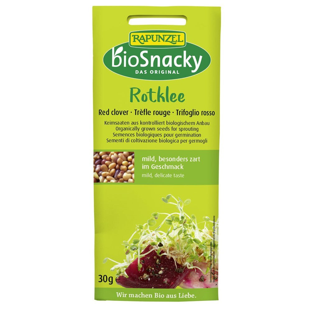 Semințe bio trifoi roșu pentru germinat 30g, ambalaj verde BioSnacky Rapunzel.