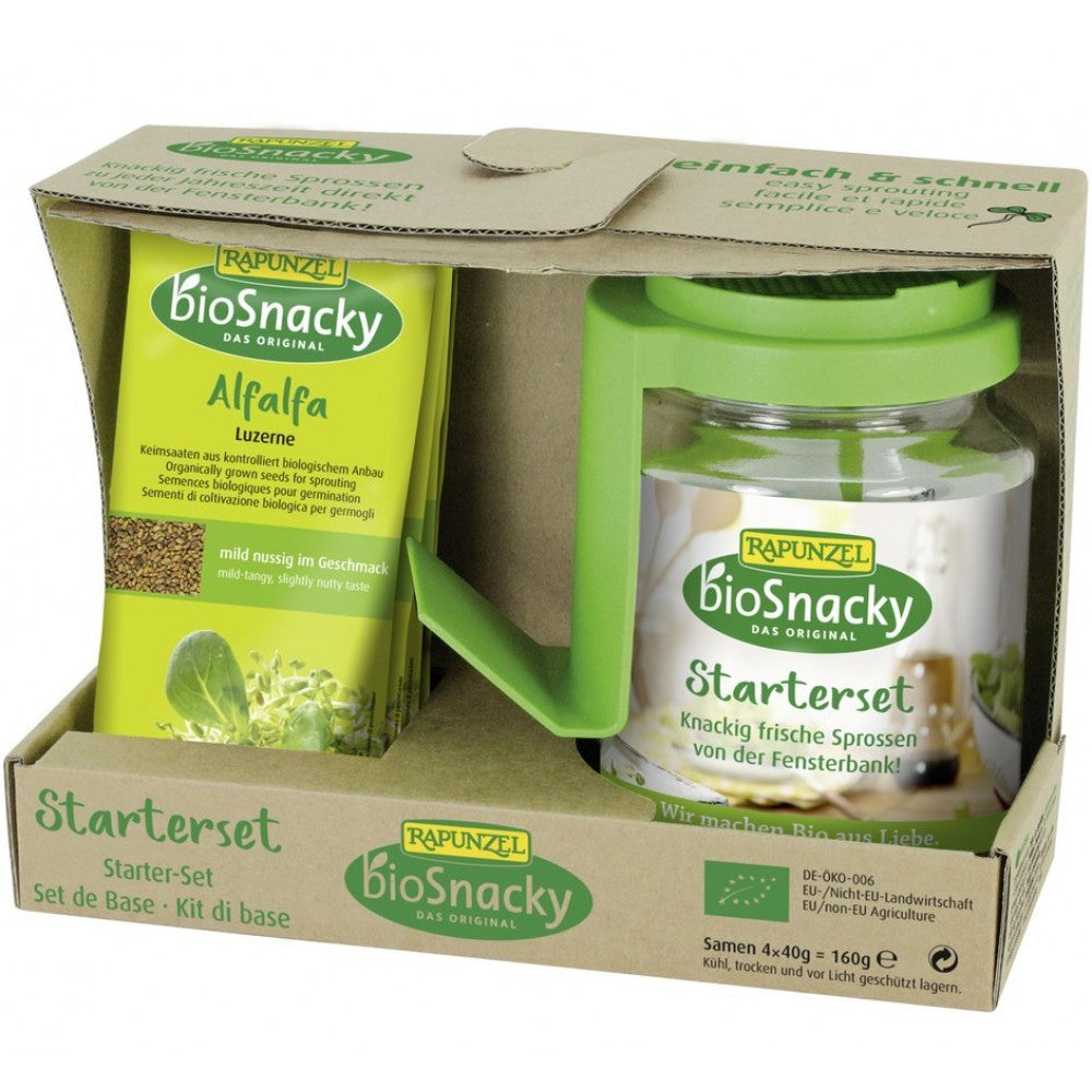 Set Starter pentru germinat bio BioSnacky Rapunzel, include borcan verde și semințe ecologice lucernă.