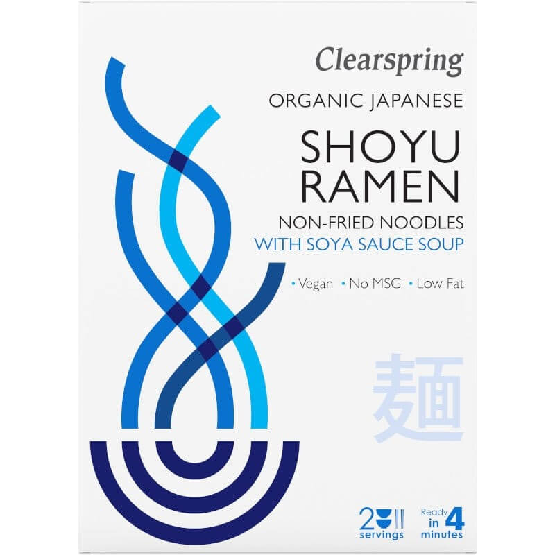 Cutie Shoyu Ramen Clearspring, albastru și alb, 210g, paste din grâu cu supă de soia bio.