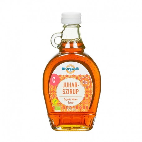 Sirop de arțar organic clasa C, Biorganik, 250ml, în sticlă cu etichetă portocalie și albă.