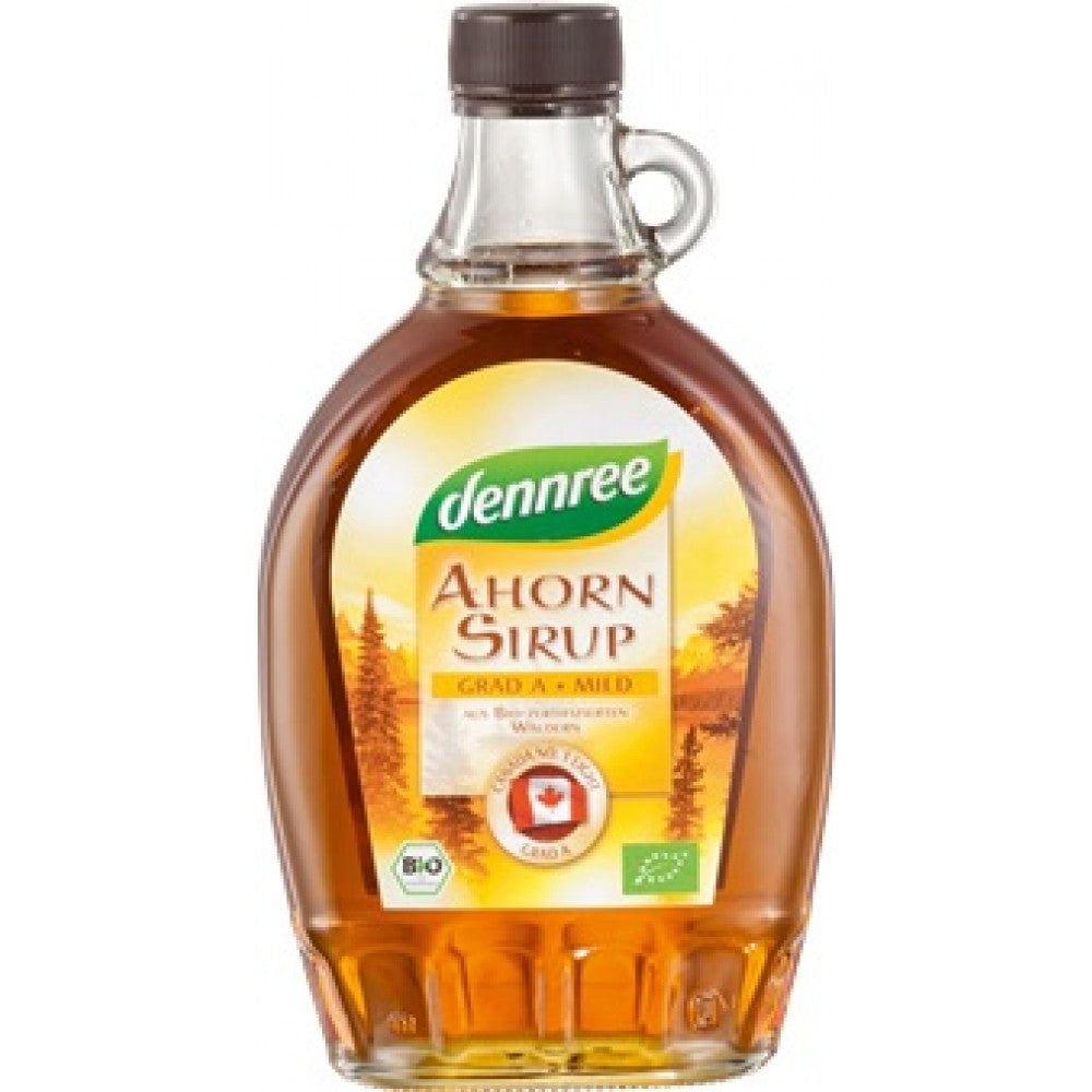 Sirop de arțar organic canadian Dennree, 375ml, sticlă maro, etichetă galbenă cu logo verde.