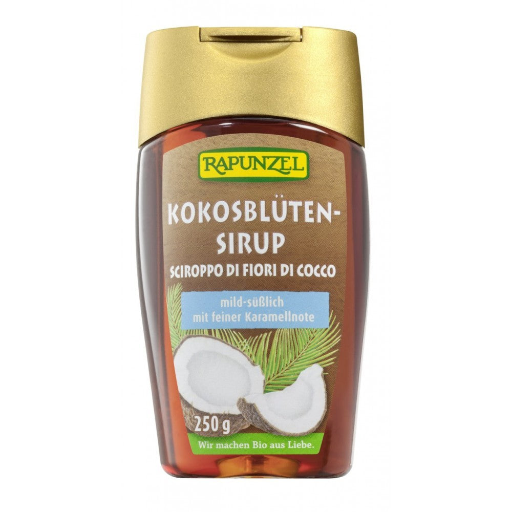 Sirop din flori de nuca de cocos Rapunzel 250g, auriu cu etichetă verde.
