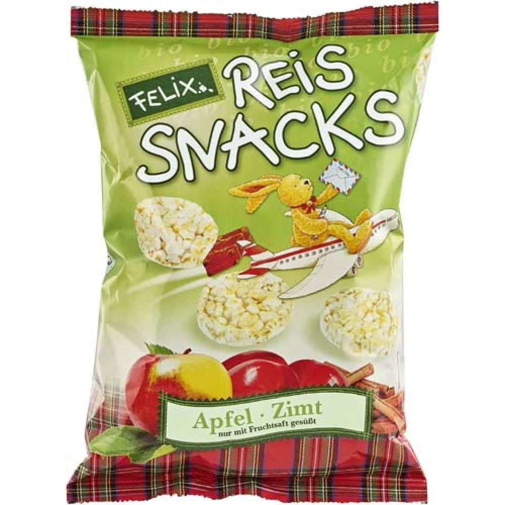 Snacks bio din orez cu mere și scorțișoară, ambalaj verde, 50g, fără gluten.
