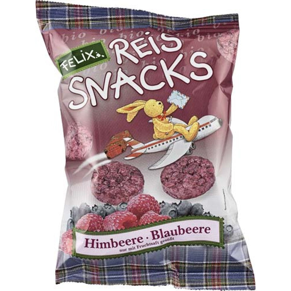 Ambalaj snacks din orez cu zmeură și afine fără gluten, 50g, decor cu iepuraș, fundal mov.