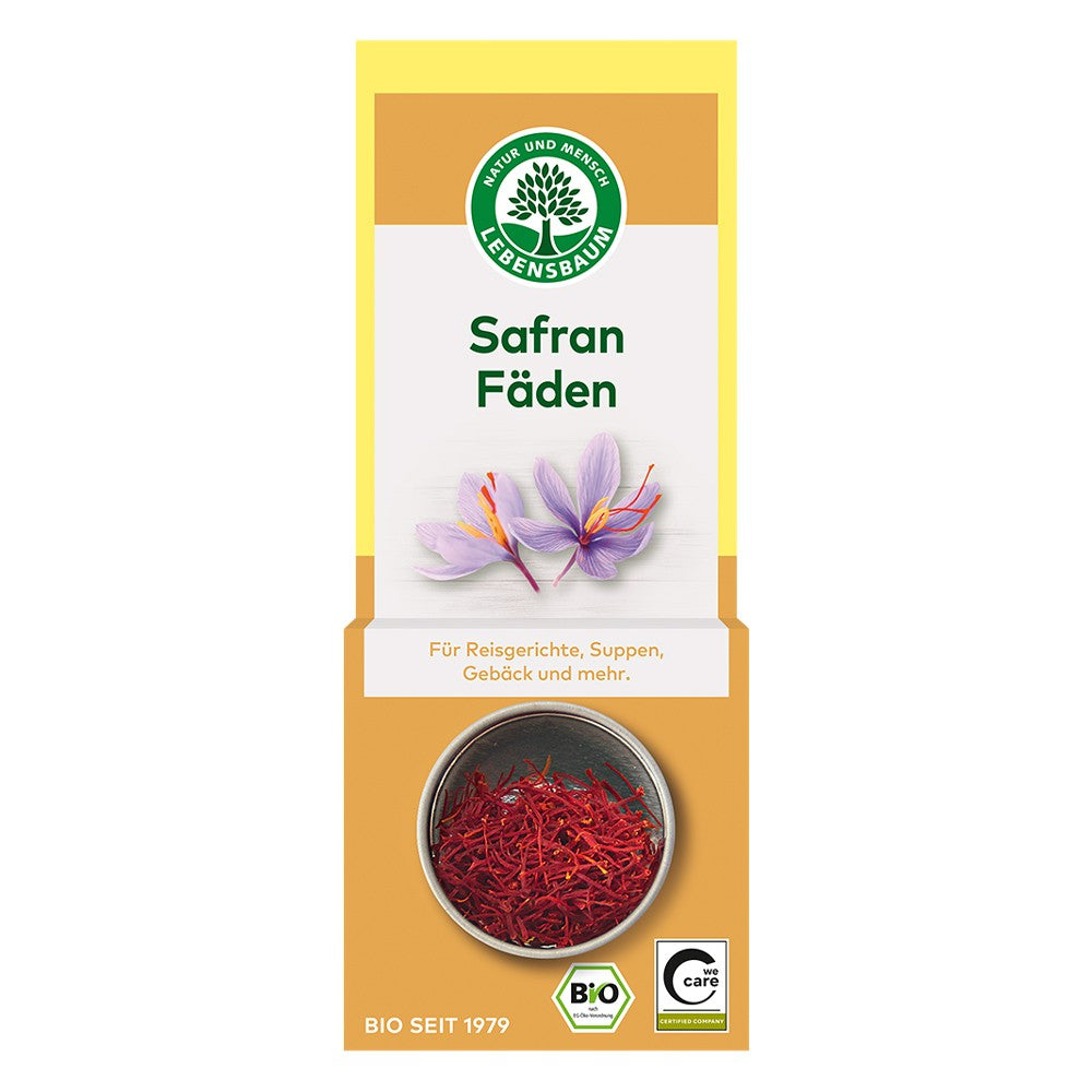Sofran bio Lebensbaum 0.5g, fire roșii de șofran în ambalaj cu flori mov, etichete bio.