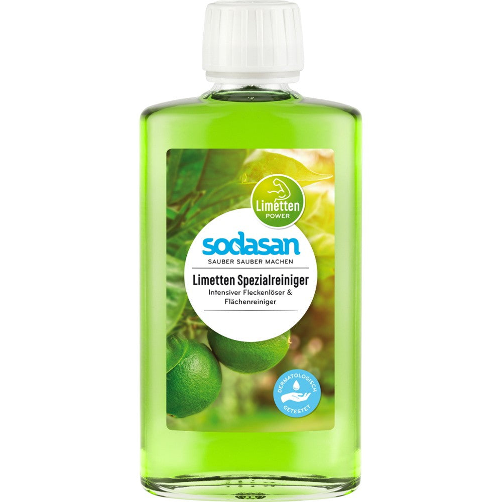 Soluție bio de curățare pete și mirosuri 250ml Sodasan, lichid verde, etichetă lămâi.
