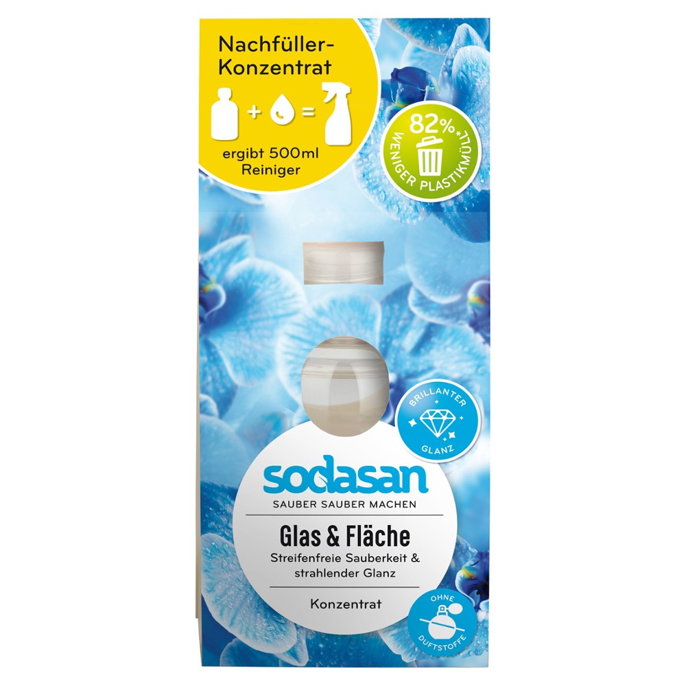 Soluție concentrată pentru curățarea geamurilor 100ml Sodasan, flacon alb, ambalaj albastru cu motive florale.