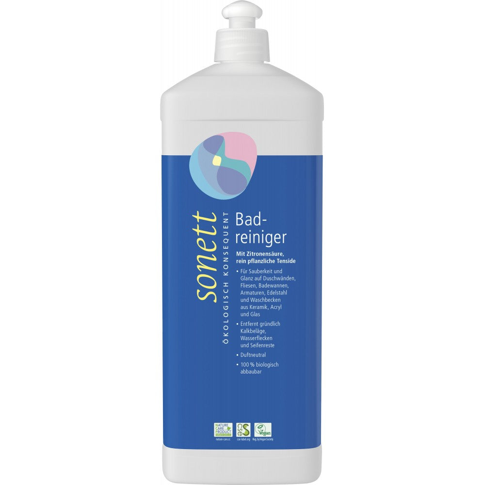 Soluție curățat baie Sonett 1L, sticlă albă, etichetă albastră cu detalii colorate.