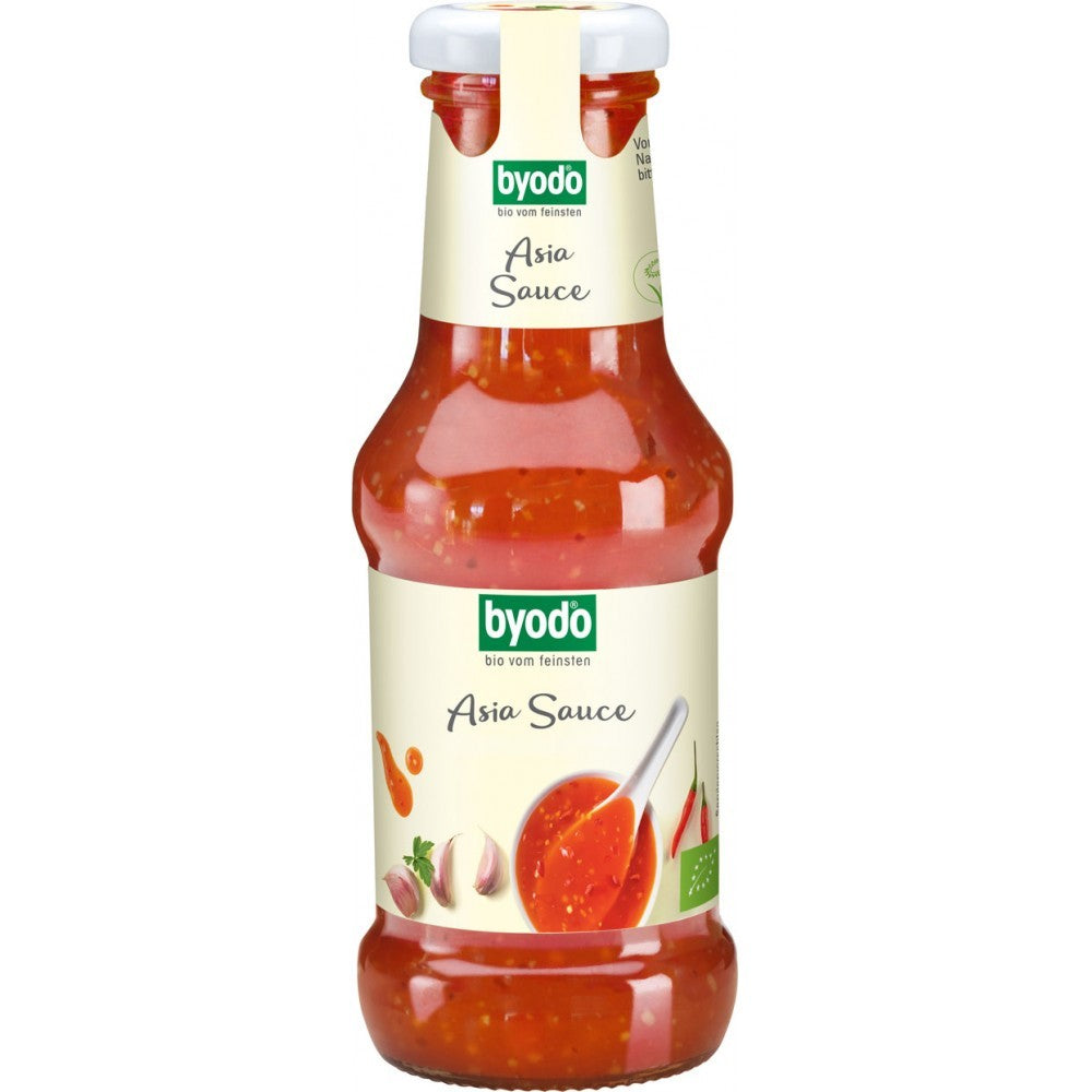 Sos Asia fără gluten Byodo 250ml, sticlă, etichetă crem, sos roșu, ingrediente naturale.